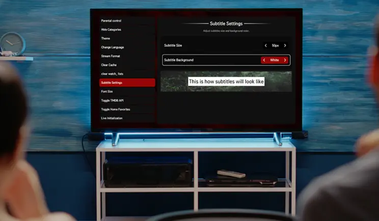 IBO Player App subtitle settings screen displayed on a smart TV