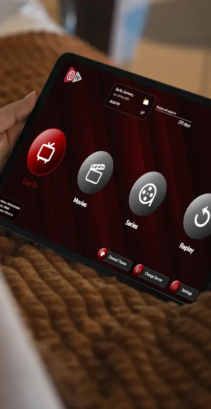 User holding tablet showing IBO Player App interface with Live TV, Movies, Series, and Replay options