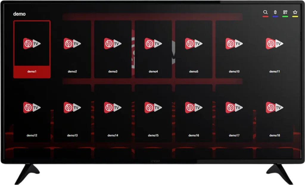 Smart TV showing IBO Player App interface with multiple demo playlists for streaming