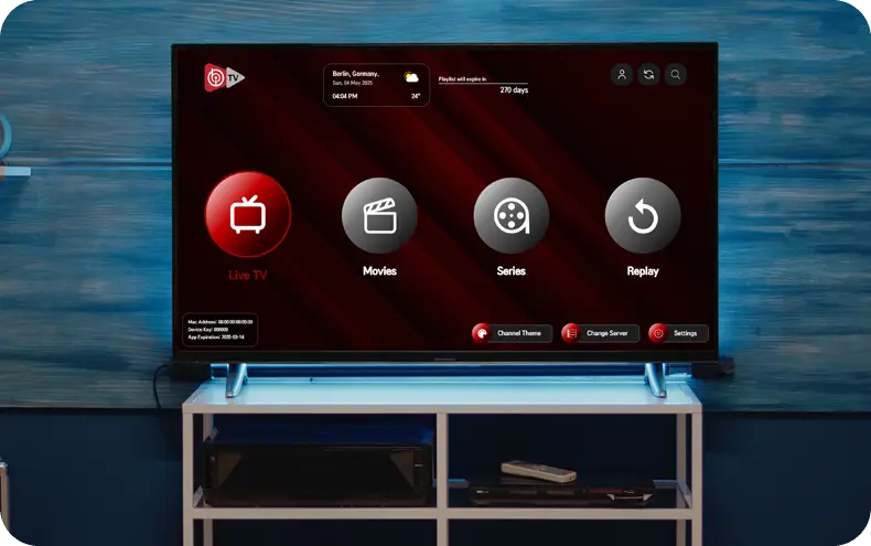 Smart TV displaying the IBO Player App home screen with Live TV, Movies, Series, and Replay options